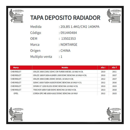 Tapa Deposito Radiador Chevrolet Spark Gt 1.2 - Sonic 1.6