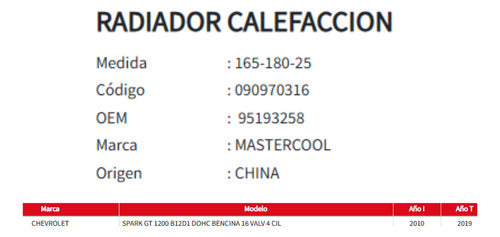 Radiador Calefaccion Chevrolet Spark 1.2 2010-2019
