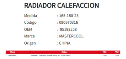 Radiador Calefaccion Chevrolet Spark 1.2 2010-2019