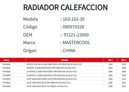 Radiador Calefaccion Hyundai Accent-avante-elantra-getz 1.6/1.8 1994-2011