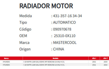 Radiador Motor Hyundai Kappa 1.2 2011-2014