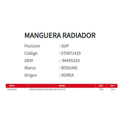 Manguera Radiador Chevrolet Spark Lite 1.0 Superior 06-14