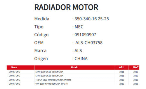 Radiador Motor Dongfeng Star -truck -van 1.3  10-16