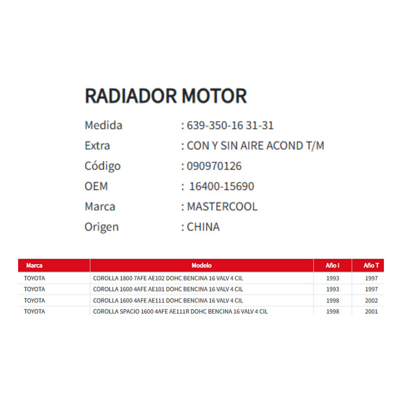 Radiador Motor Toyota Corolla 1.6/1.8 T/m
