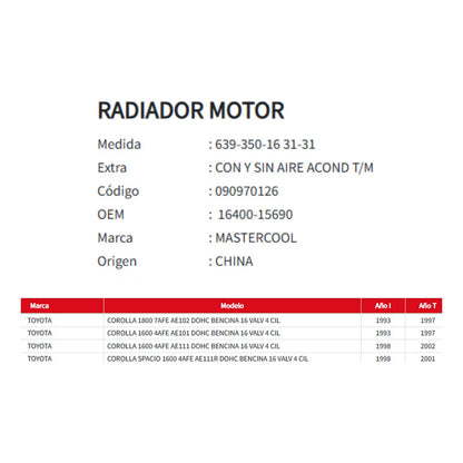 Radiador Motor Toyota Corolla 1.6/1.8 T/m