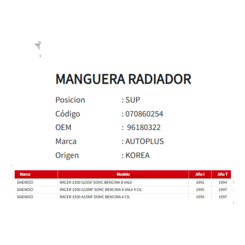 Manguera Radiador  Daewoo Racer 1.5 92-97 Superior