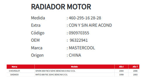 Radiador Motor Chevrolet Spark- Matiz 800 1999-2006