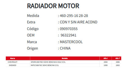 Radiador Motor Chevrolet Spark- Matiz 800 1999-2006