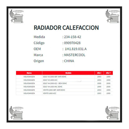  radiador Calefaccion Volkswagen Golf A3 1,8/2,0 Vento
