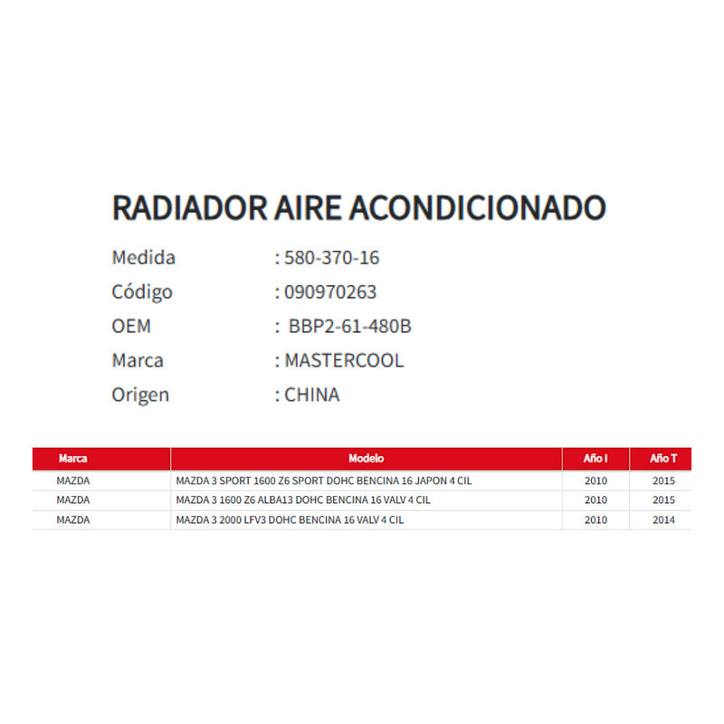 Radiador Aire Acondicionado Mazda 1.6/2.0  2010-2015
