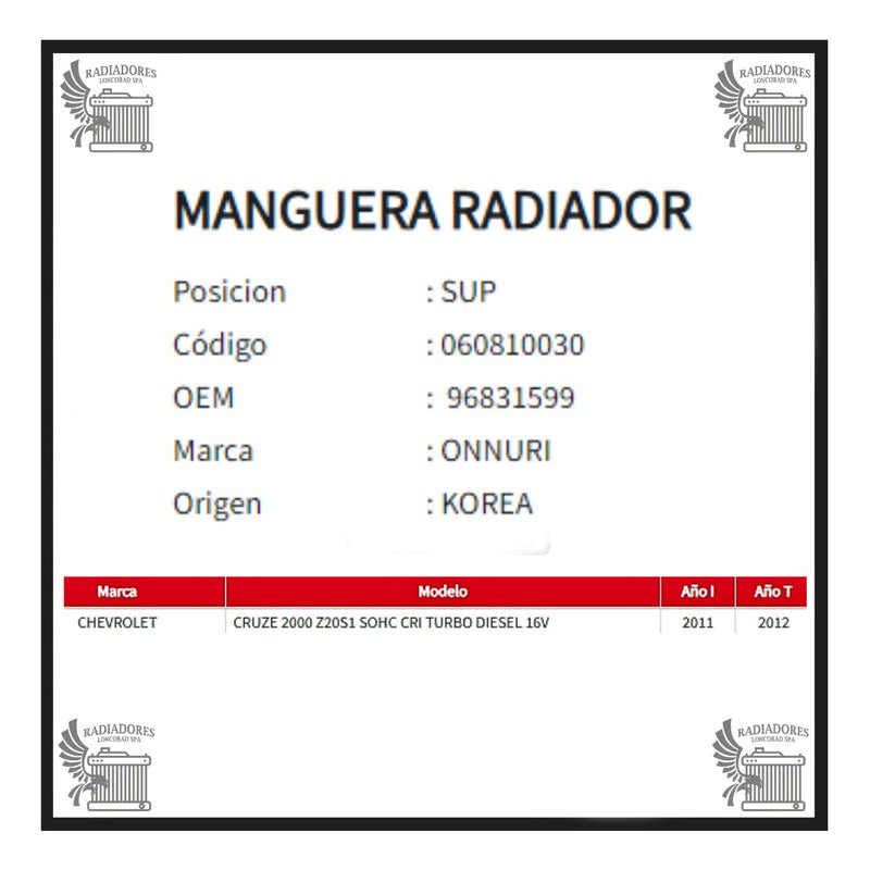 Manguera Radiador Chevrolet Cruze 2.0 Superior 11-12