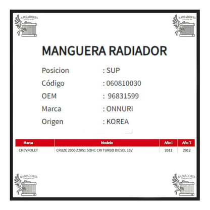 Manguera Radiador Chevrolet Cruze 2.0 Superior 11-12