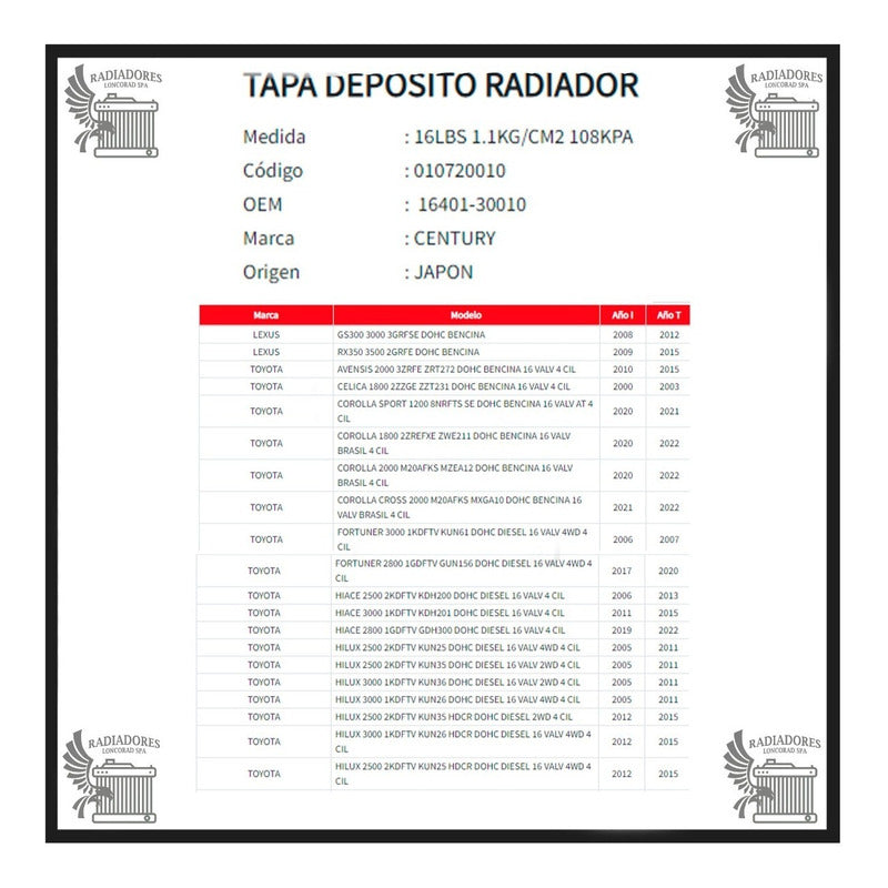Tapa Deposito Radiador Toy Hilux 2.5 Kun25 Kun 35 2005