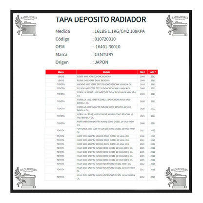 Tapa Deposito Radiador Toy Hilux 2.5 Kun25 Kun 35 2005