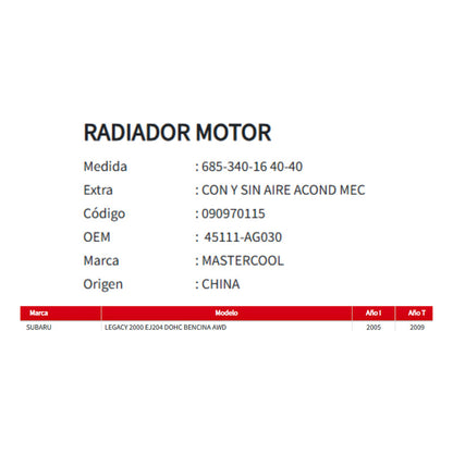 Radiador Motor Subaru Legacy 2.0 2005-2009 Mecánico