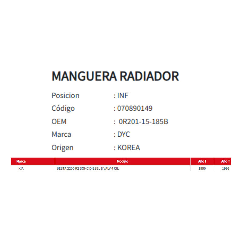 Manguera Radiador  Kia Besta 2.2 Inferior 90-96