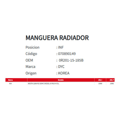 Manguera Radiador  Kia Besta 2.2 Inferior 90-96