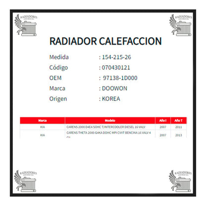 Radiador Calefaccion Kia Carens