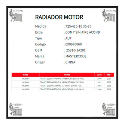 Radiador Motor Hyundai Trajet 2.0 Dohc-2.0d Sohc 00-06 2-7 Dohc