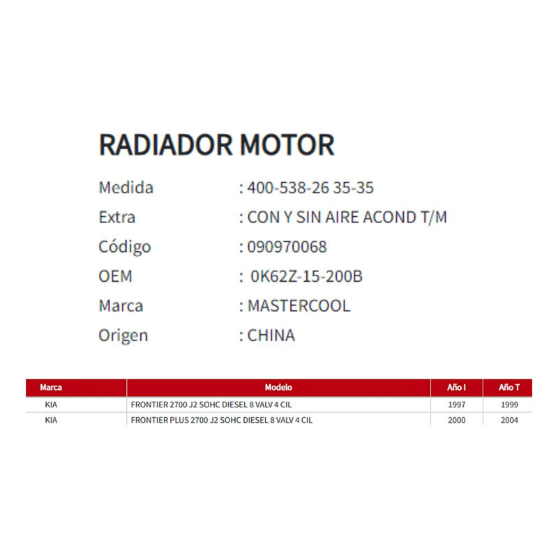 Radiador Motor Kia Frontier 2.7 Diesel 1997-2004