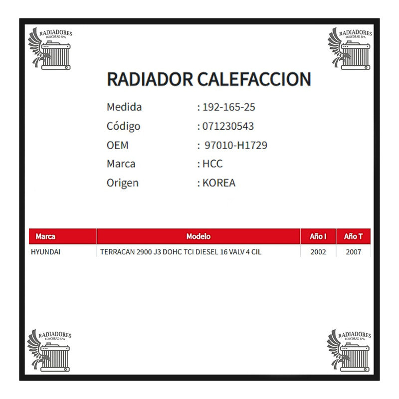 Radiador Calefaccion Hyundai Terracan 2.9 - 2002 Al 2007