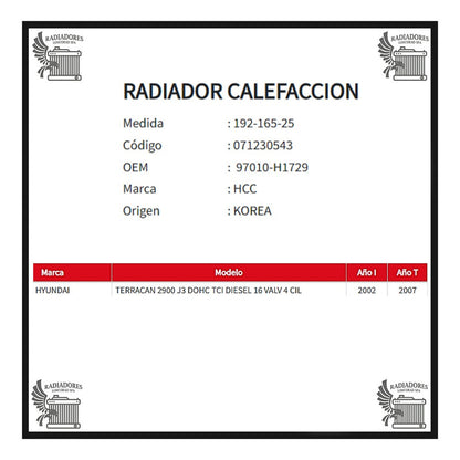 Radiador Calefaccion Hyundai Terracan 2.9 - 2002 Al 2007