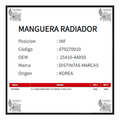 Manguera Radiador Hyundai Furgon H1 2.5 Inferior 01-06