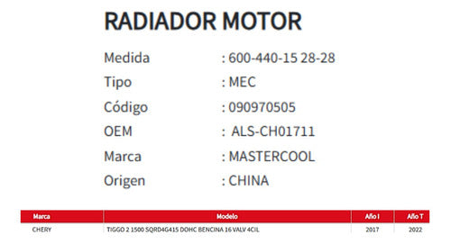 Radiador Motor Chery Tiggo 2 1.5 2017- 2022
