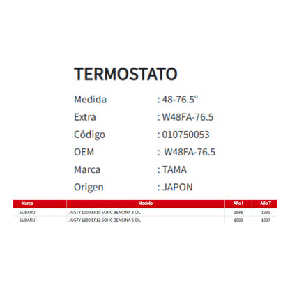Termostato 76,5  48mm Subaru Justy 1.0/1.2 95-88