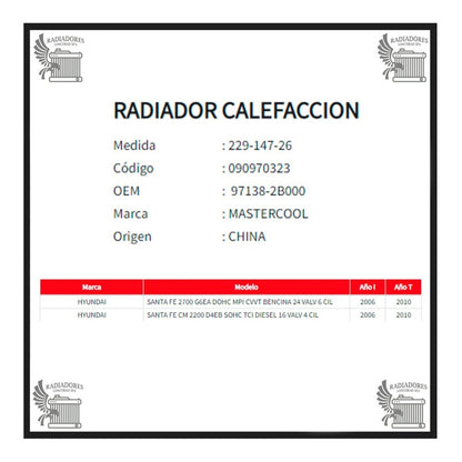 Radiador Calefaccion Hyundai New Santa Fe 2.2
