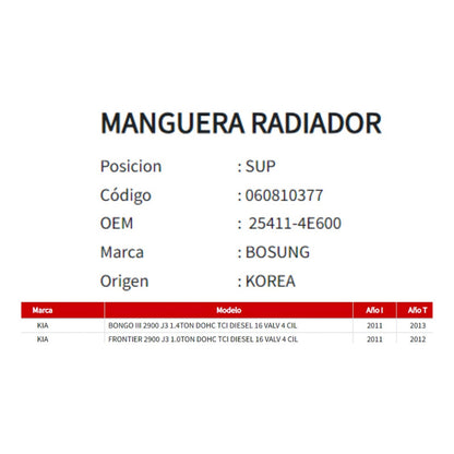 Manguera Radiador Kia Frontier 2.9 2011-2013 Superior