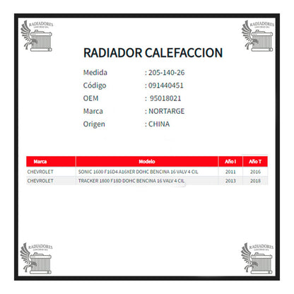 Radiador Calefaccion Chevrolet Tracker 1.8 (SIN CAÑERIAS)