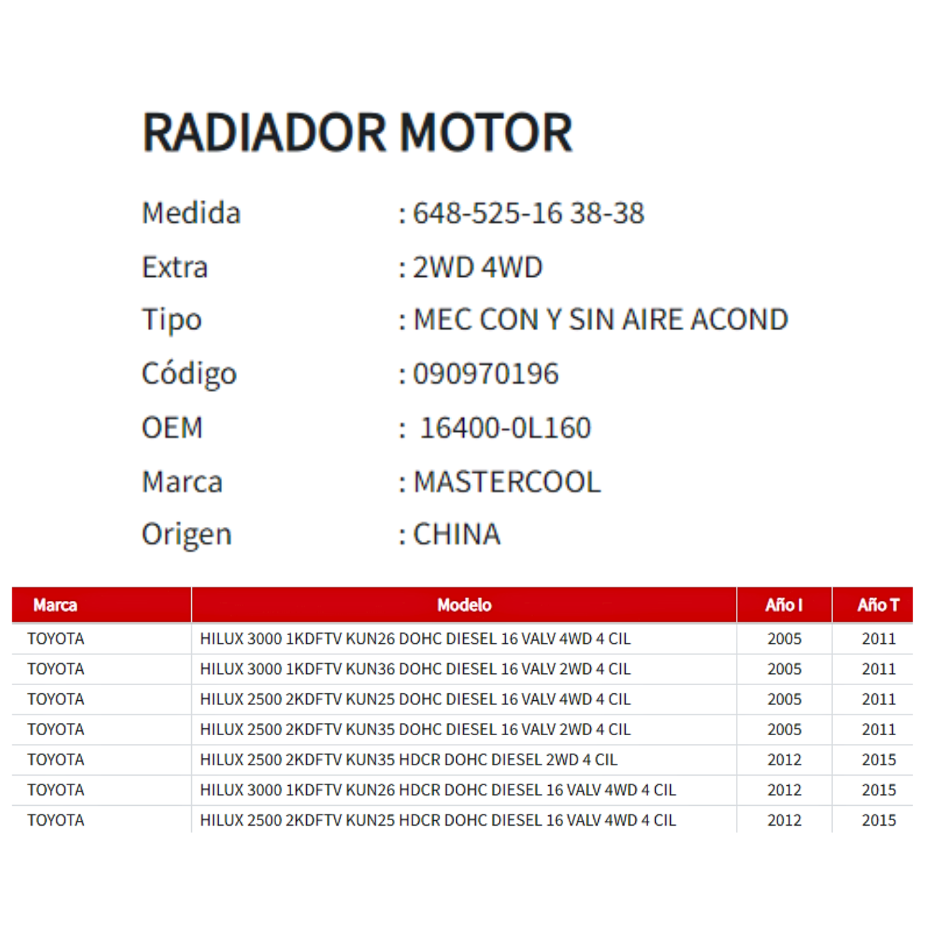Radiador Motor Toyota Hilux Vigo 2.5 / 3.0 (2005–2015)