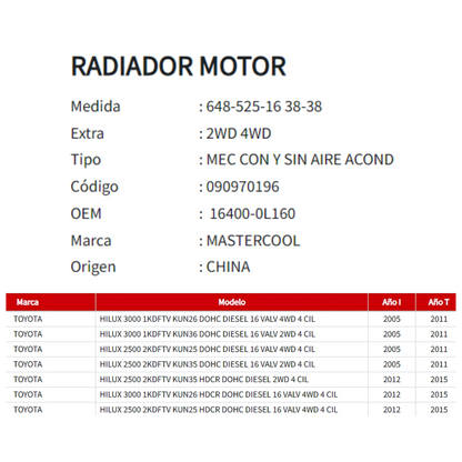 Radiador Motor Toyota Hilux Vigo 2.5 / 3.0 (2005–2015)
