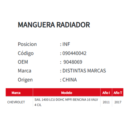 Manguera Inferior de Radiador de Motor para Chevrolet Cruze 1.4 2011–2017