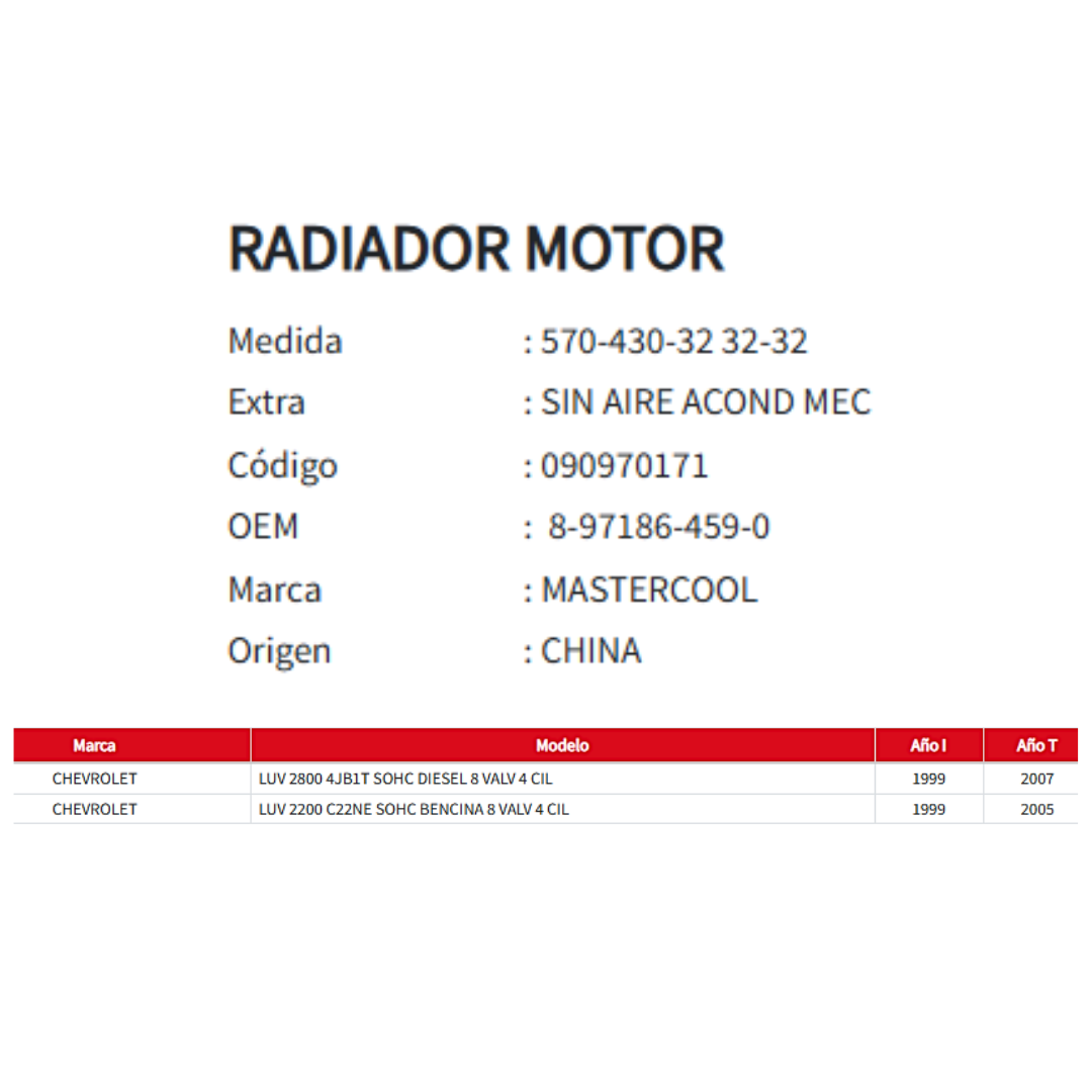 Radiador Motor Chevrolet Luv 2.2/2.8  1999-2007