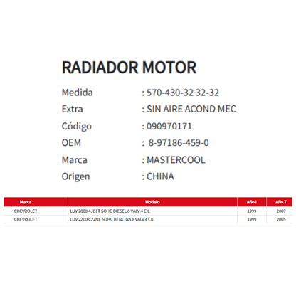 Radiador Motor Chevrolet Luv 2.2/2.8  1999-2007